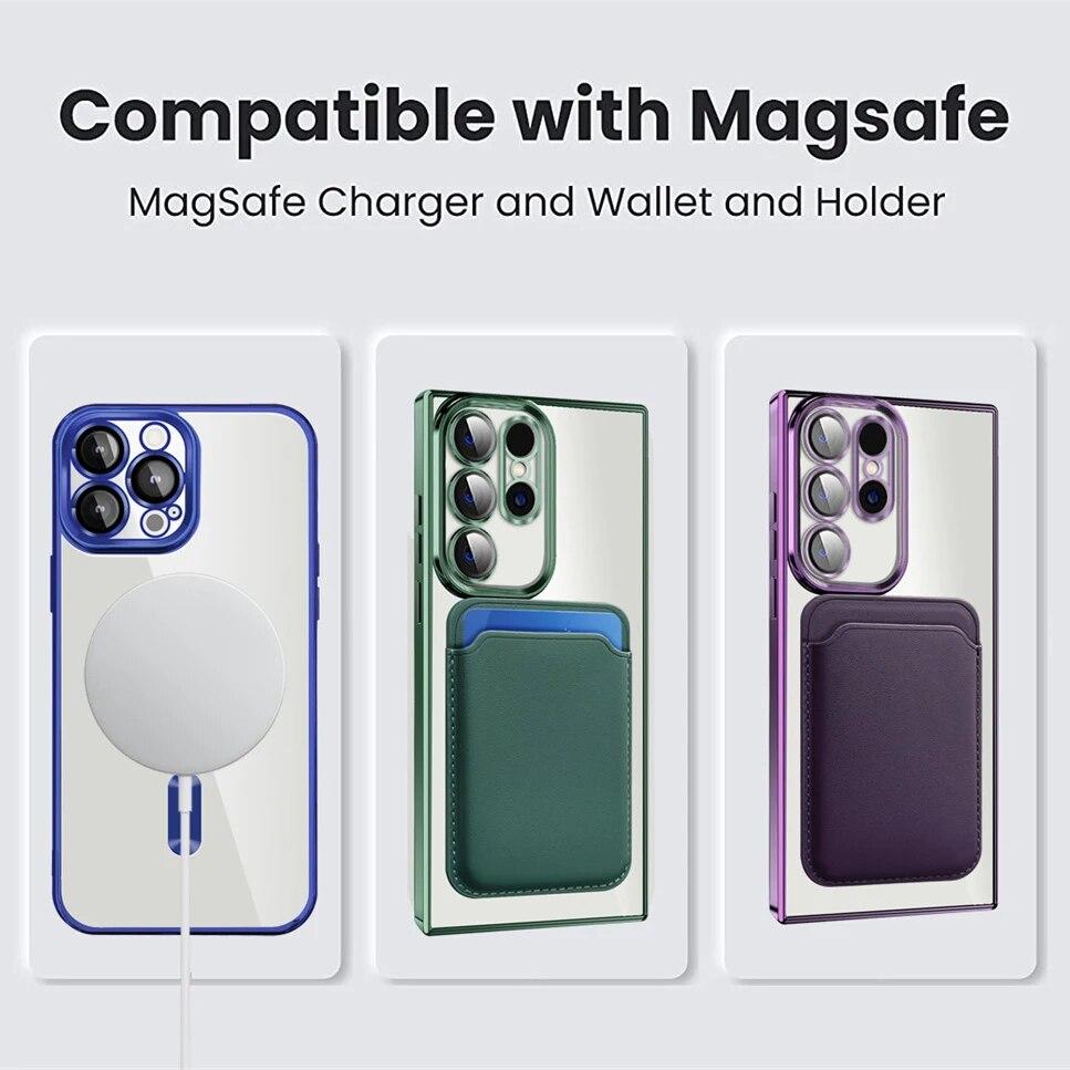 Husă magnetică Magsafe din piele, suport pentru carduri, pentru Samsung S24Ultra S23 Plus, husă de protecție fără fir pentru încărcare