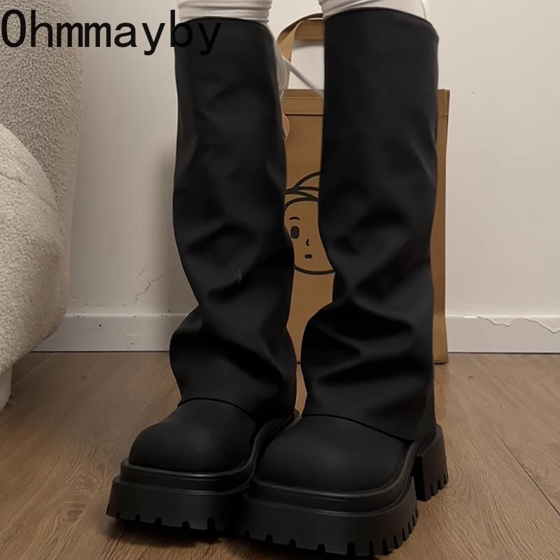 Punta Redonda Plataforma Gruesa Moda Caballero Mujer Slip-on Aumento de Altura Botines Largos Femeninos para Mujeres Adultas
