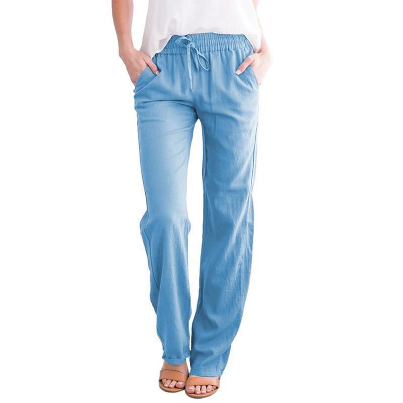 2026 Spring/Summer Women's Solid Color Cotton Linen Drawstring Wide-Leg Casual Pants