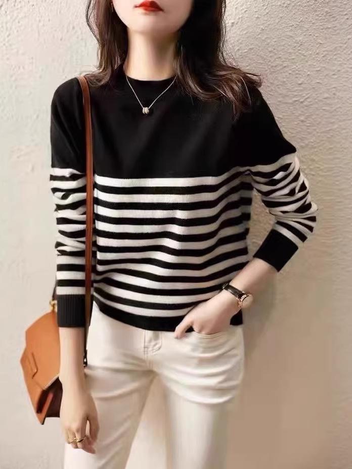 Code Division High Neck Striped Women's Sweater: Fashionable Autumn/Winter Long Sleeve Loose Fit Top
