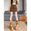 Plus Size Brown Suede A-line High Waist Slimming Skirt for Women, Spring/Autumn
