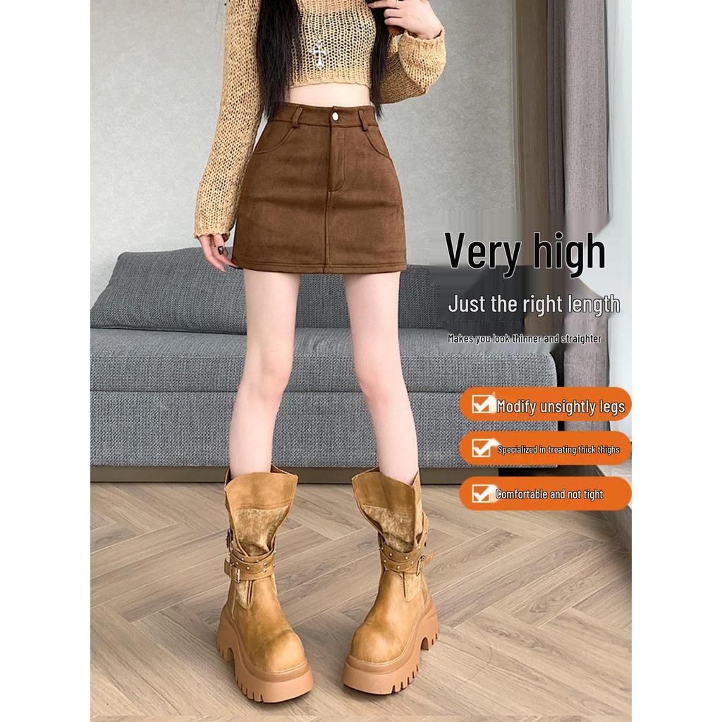 Plus Size Brown Suede A-line High Waist Slimming Skirt for Women, Spring/Autumn
