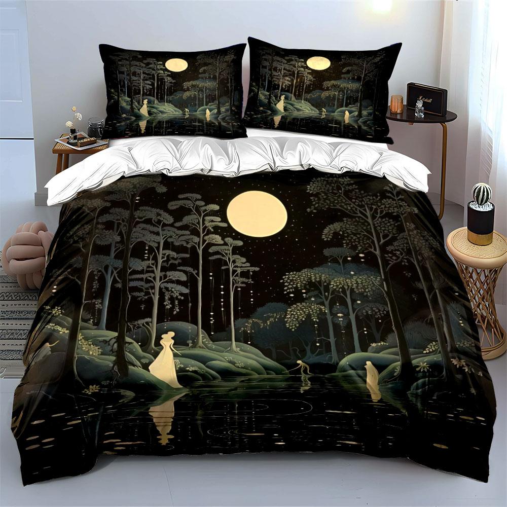 "Moonlit Forest Night Decor" Bedding Set with 1 Duvet Cover 2 Pillowcases Single Double King Queen, Gift