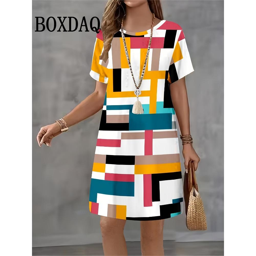 Geometric Pattern 3D Print Dress For Women 2025 New Fashion Summer Clothing Short Sleeve Loose Casual O-Neck Short A-Line Dress