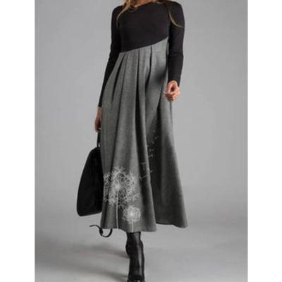Autumn Women Fashion V-neck Printed Patchwork Maxi Dress Long Sleeve