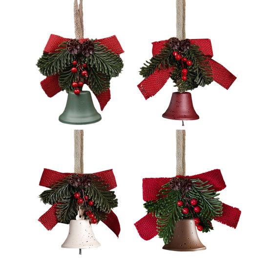 Christmas Bell Decoration Bowknot Decor Hanging Decorative Bell with Pine Branches Red Fruits Indoor Outdoor Ornament