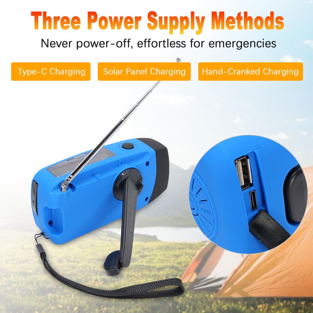 Portable AM FM Radio, Emergency Outdoor Solar Radio, Hand Crank Radio with LED Flashlight, SOS Alarm, 5000mAh