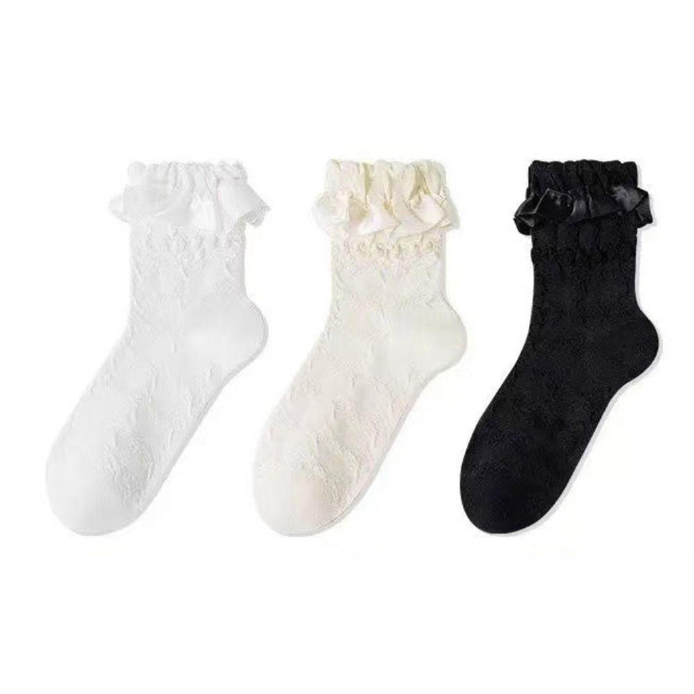 Breathable Lolita Stockings Black White JK Mid-calf Socks Lace-trimmed Stockings For Women Girls