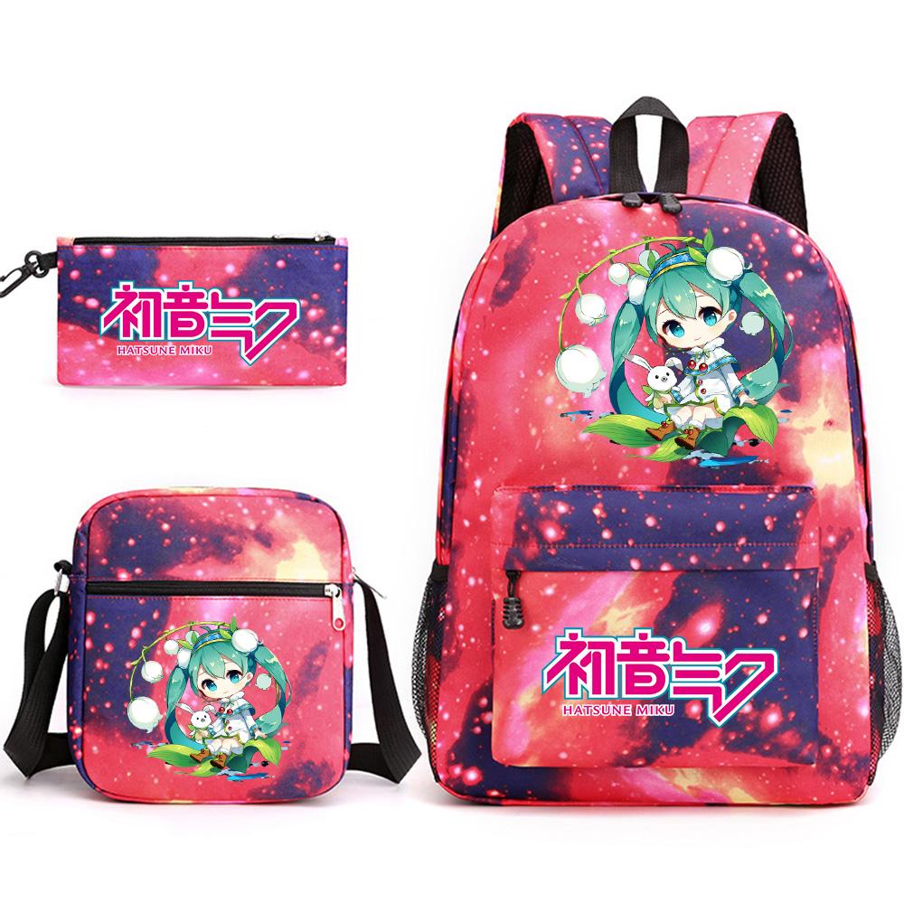 3Pcs/set Anime Cartoon Hatsune Miku Printed Backpack with Shoulder Bag Pencil Case for Teenager Student Boy Girl Large Capacity Waterproof Schoolbag