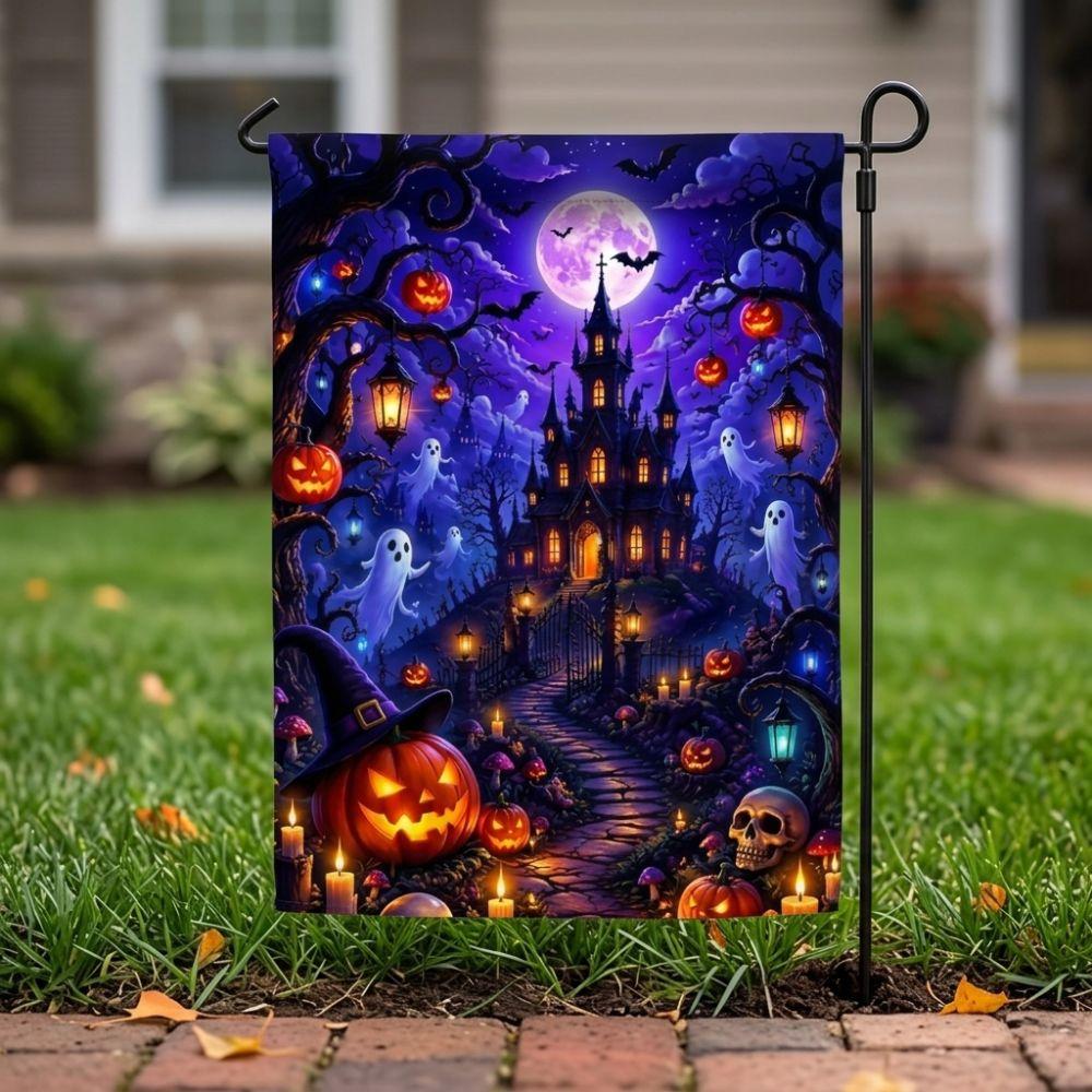 2D Flat Print Halloween Garden Flag Single Sided Haunted House Pumpkin Black Cat Cloth Spooky Polyester Halloween Outdoor Banner