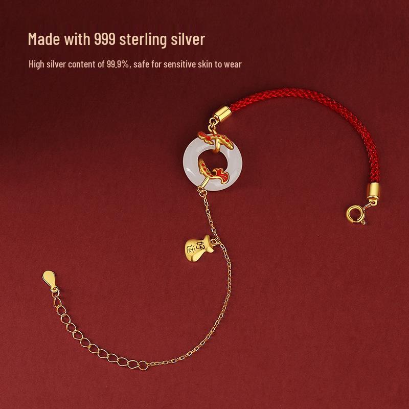 Teqiya Koi Red String Bracelet, 999 Sterling Silver, Hetian Jade Peace Buckle for Women