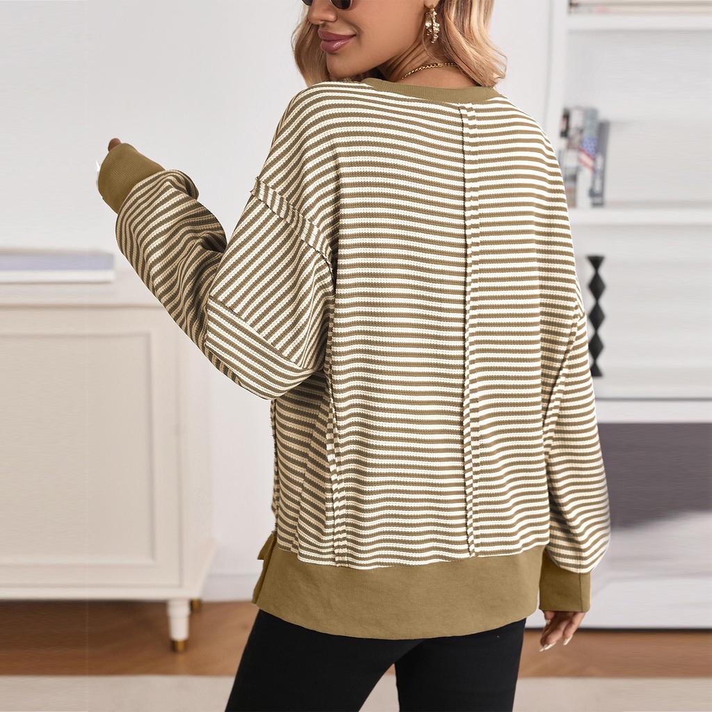 Women's Long-sleeved Round-neck Striped Round-neck Versatile Casual Loose Sweatshirt