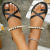 Fashion Luxury String Bead Decor Low Heel Slippers Women Weightlight Soft Sole Black Slides Woman Summer Beach Non Slip Slippers Mujer