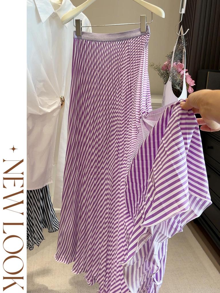 2026 Spring/Summer Women's Slimming High-Waisted Striped Chiffon Pleated Skirt