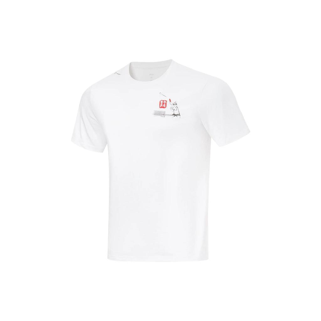 Li Ning Table Tennis Series Printed Character Round Neck Pullover Short Sleeve T-Shirt Unisex Tops Standard-White ATST673-1