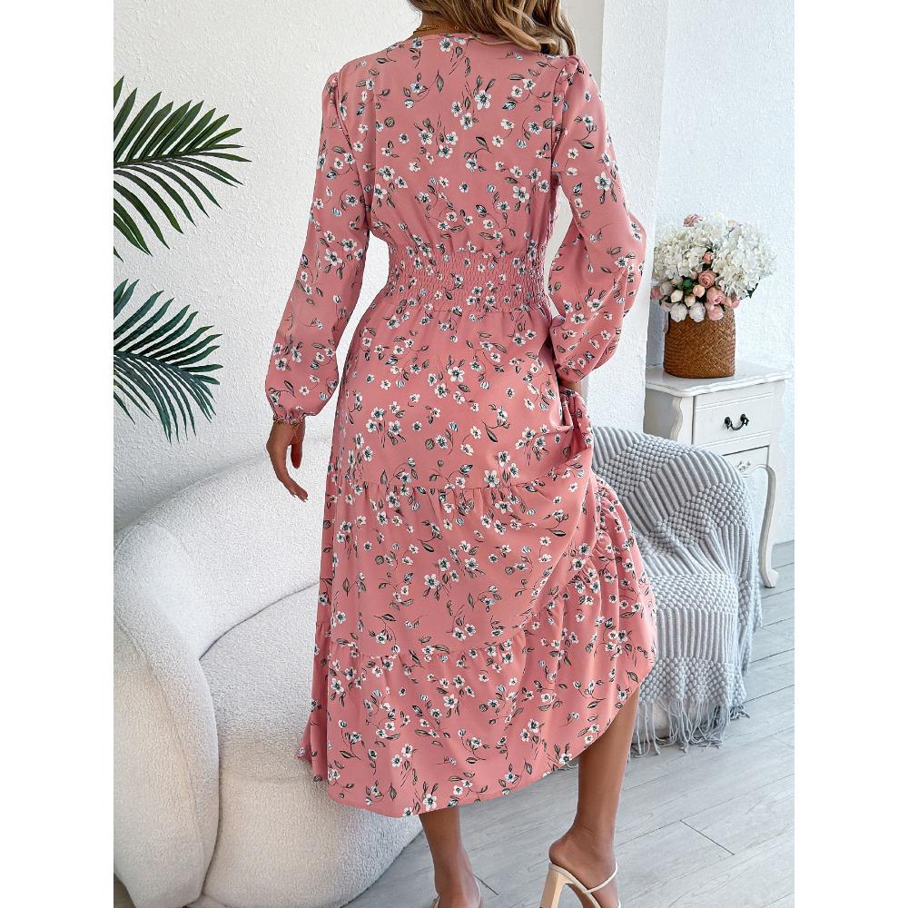 Robes Femme Mode Élégantes Florales Col V Manches Longues Taille Volants A-Ligne