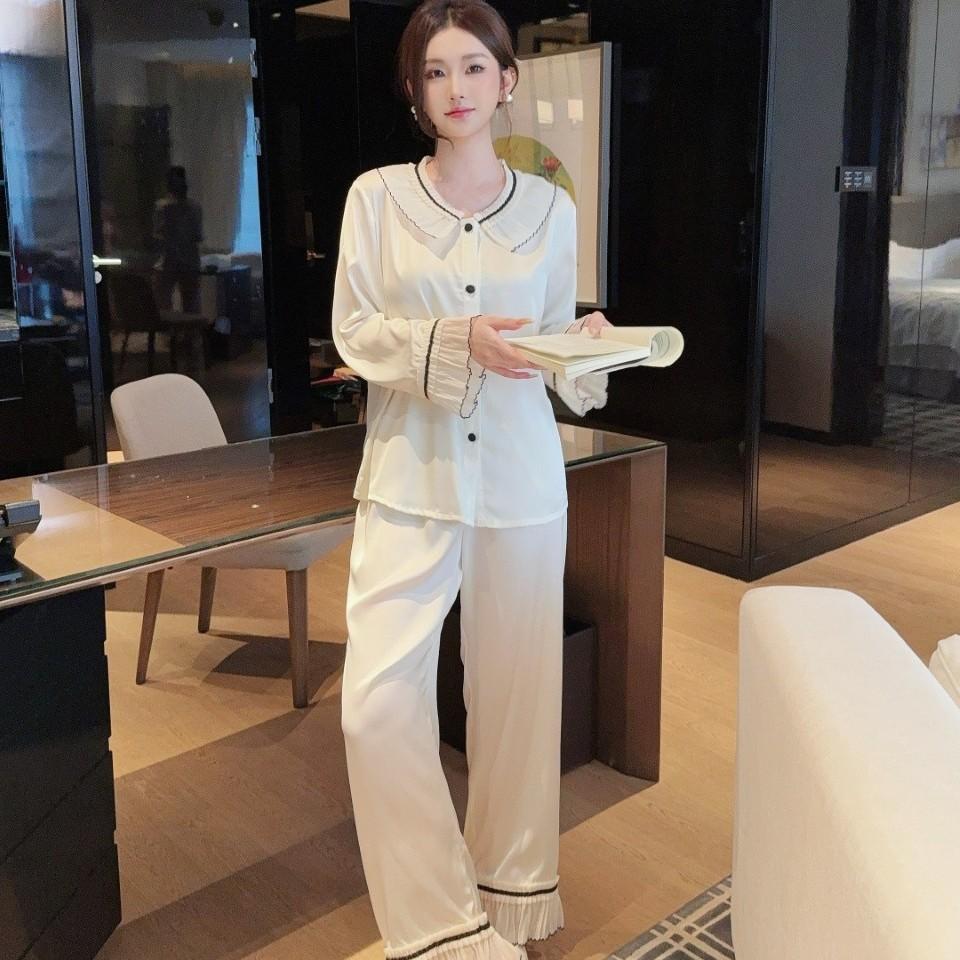 Spring new ice silk long-sleeved pajamas women's high-end French sweet lace thin loungewear suit can be worn outside