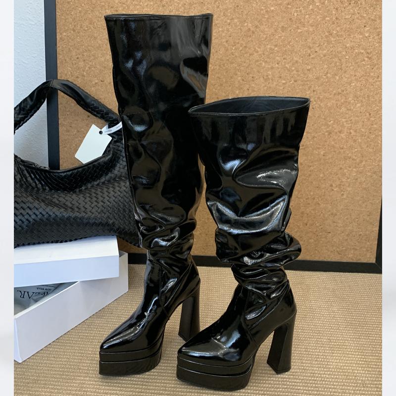 Eilyken  New Winter Fashion Pointed Toe Platform Woman Over The Knee Boots Fashion Punk Chunky Square Heels Shoes