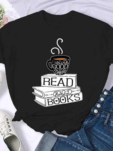 Woman Plus Size Round Neck Half Sleeve T-shirt Printed T-shirt Top New T Shirt Coffee Books Brown Books American Retro T-shirt