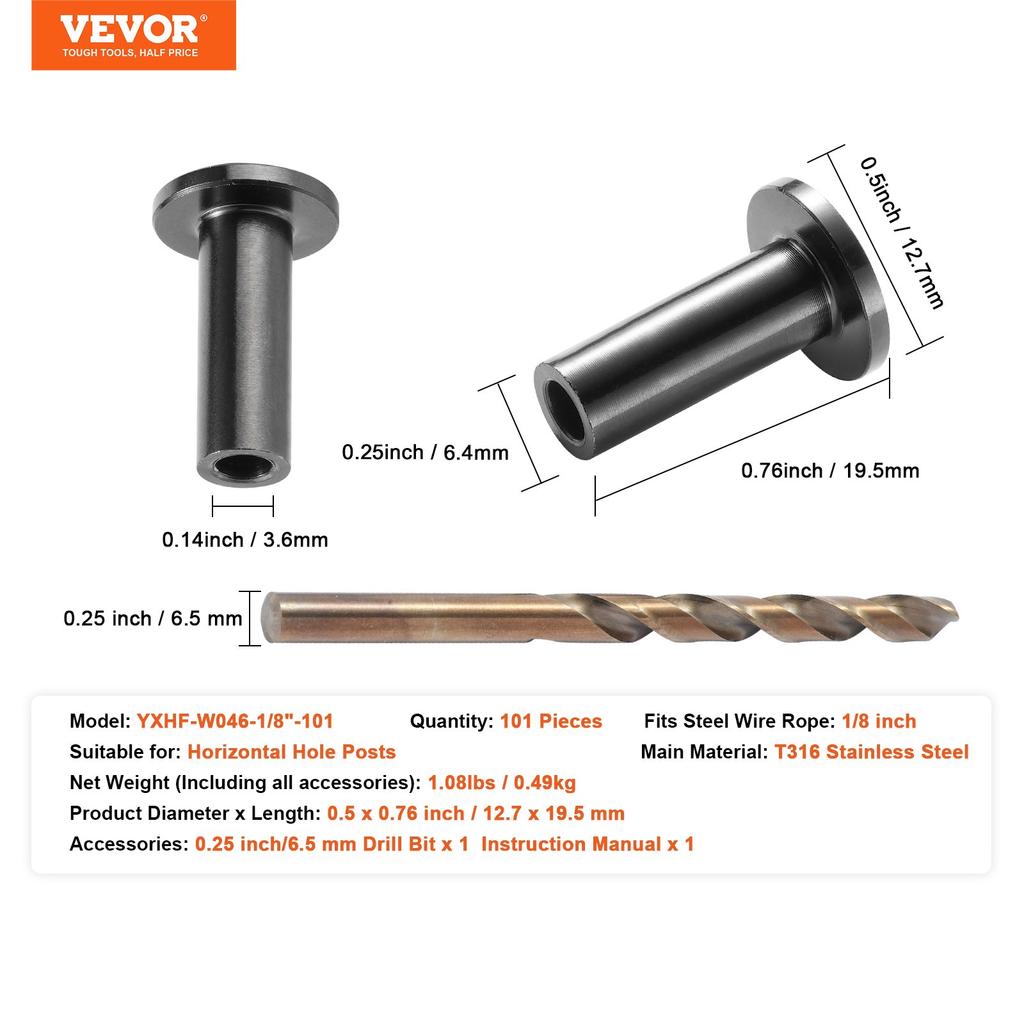 VEVOR 101 Pack T316 Stainless Steel Protector Sleeves for 3.2mm Wire Rope Cable Railing, DIY Balustrade T316 Marine Grade, Come with A Free Drill Bit