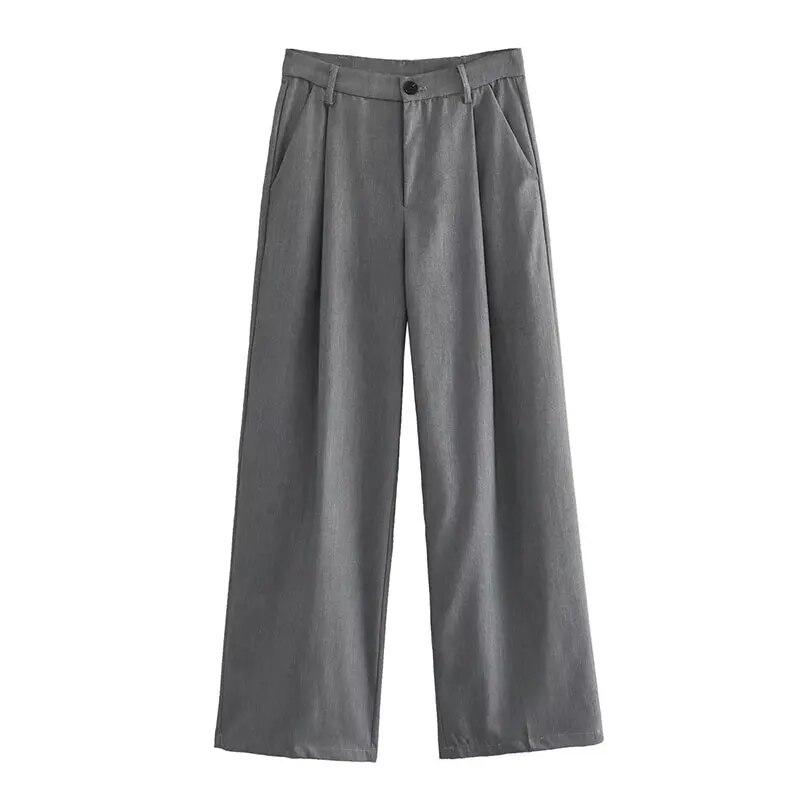 Pantalones informales de pierna ancha plisado para Mujer, pantalón Vintage de cintura alta con cremallera, pantalón largo completo con bolsillo y botones para oficina