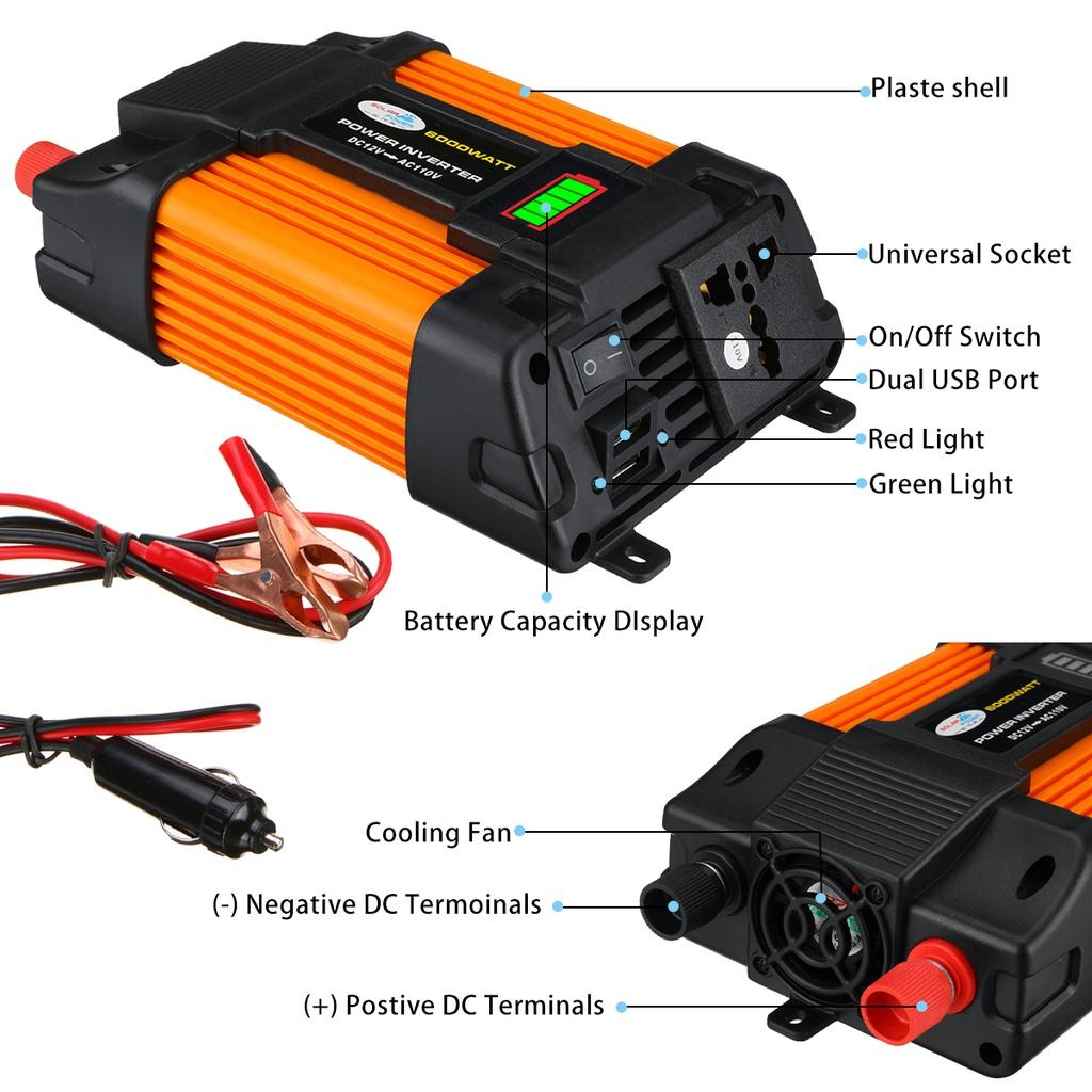 6000W DC 12V to AC 220V/110V Car Power Inverter Charger Converter Voltage Transformer LED Power Display 2 USB Universal Socket
