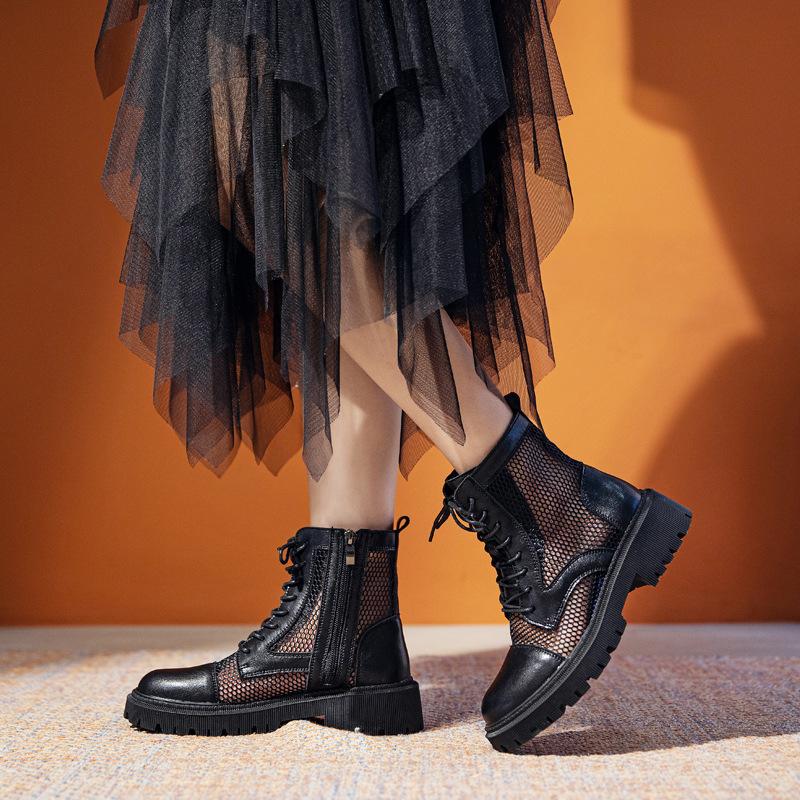 Letnie Botki Damskie Skóra Naturalna Siateczka Chłodzące Botki Gruba Podeszwa Oddychające Buty Damskie Wycinane Siateczkowe Krótkie Botki Sandały