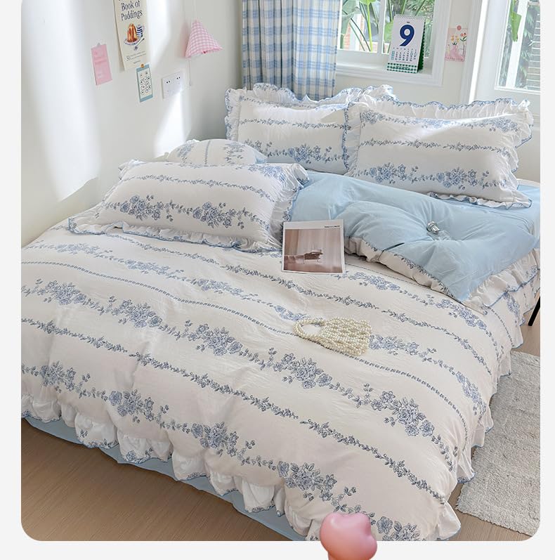 Ruffle Floral Bedding Includes Duvet Fitted and Suitable for Western and Japanese Style 3-Piece Set, Cover, Sheet, Pillowcases. Cute, Beds. Washable,
