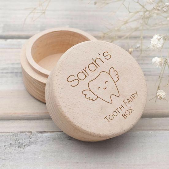 Cutie din lemn pentru dinți de lapte, rotundă, pentru depozitarea dinților de lapte
