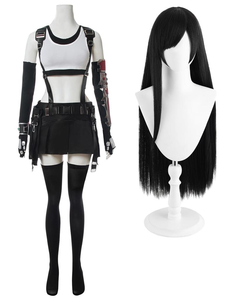 [NSPSTT] Tifa Cosplay Fighting Suit, FF7 Cosplay Costume, Event Costume, Tifa Costume with All Accessories (Tifa Fighting Suit with Wig, LLL)