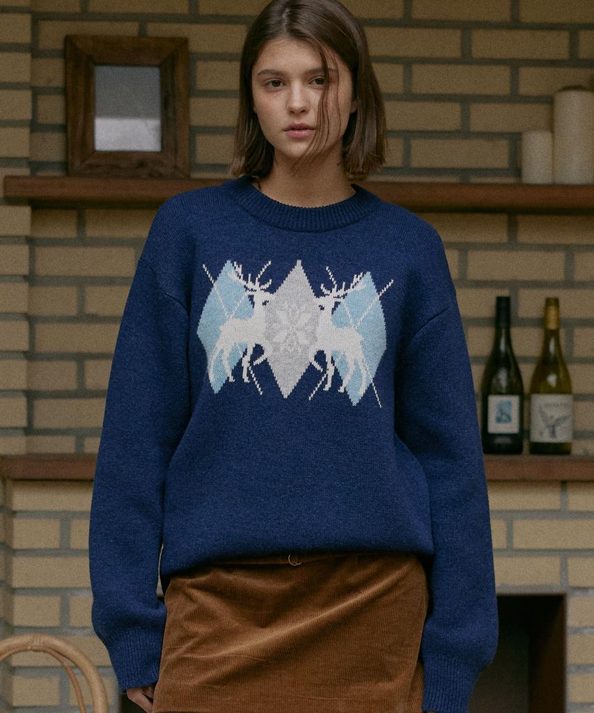 Dieomaidieo My Deer Jacquard Knit (Navy)