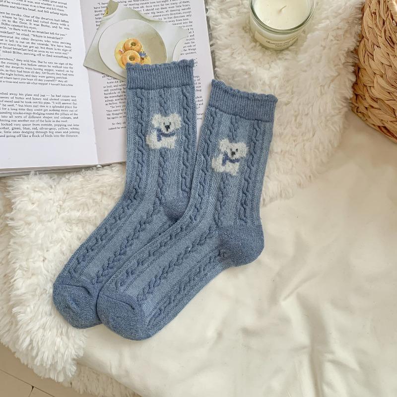 

Grey-blue Woolen Socks for Women, Thickened Checkered Warm Pile-up Socks with Snowflakes 1 pair