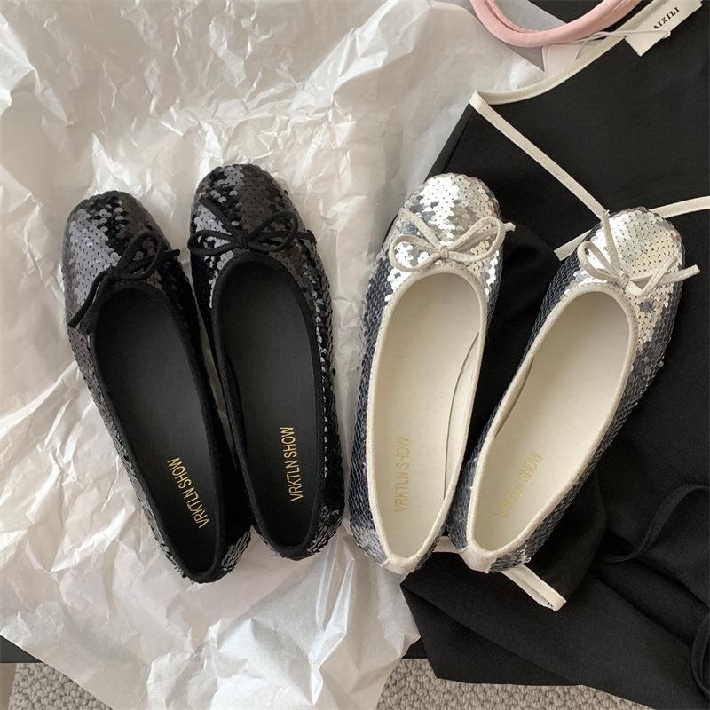 Xiaoxiangfeng Silver Sequined Single Shoes Women's 2025 New Bow Ballet Square Head Flat Bottom Ladyshoes Lazy Doudou Shoes