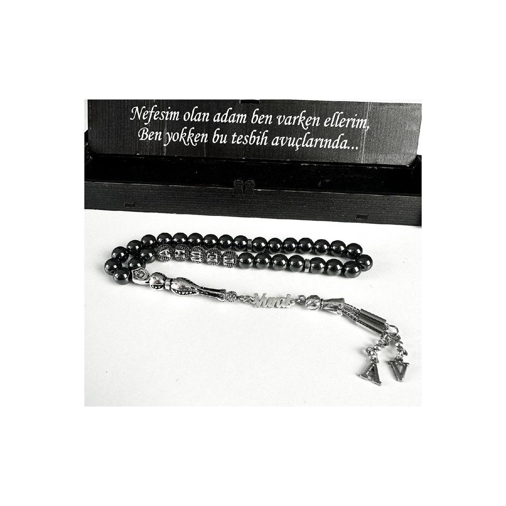 Gebetsperlen aus zertifiziertem Hämatit-Naturstein mit Namen und Briefkastenfrage