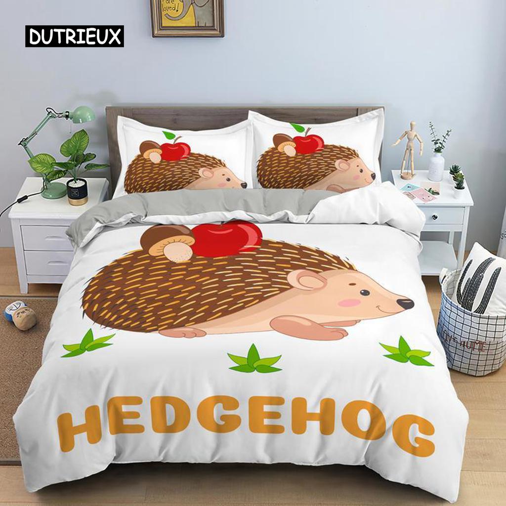 Hedgehog Duvet Cover Set 3D Cartoon Hedgehog Flower 2/3PCS Bedding Set Kids Boys Girls Animal Queen Size Polyester Quilt Cover