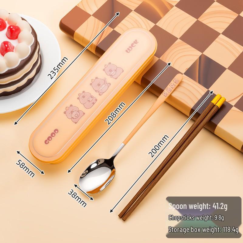 

316 Stainless Steel Spoon & Wood Chopsticks Set with Cute Cartoon Box for Children & Students