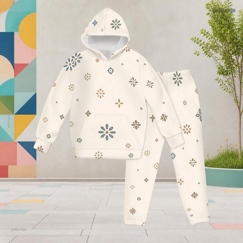 Girls Hooded Long Sleeve Printed Two Piece Set Kangaroo Pocket Cuffed Pants