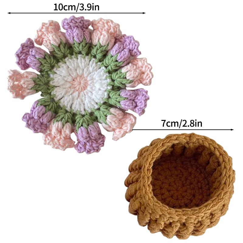 Crochet Coaster Handmade Knitted Flower Bouquet Coaster Plant Pot with Flowerpot Flower Placemat Cup Pad Teacup Stand Diy Flower