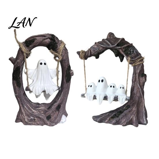 Weather-Resistant Garden Ornament Ghost On Tree Swing Halloween Decor, Resin Spooky Figurine with Vintage Detailed Sculpture for Office Base, Festive