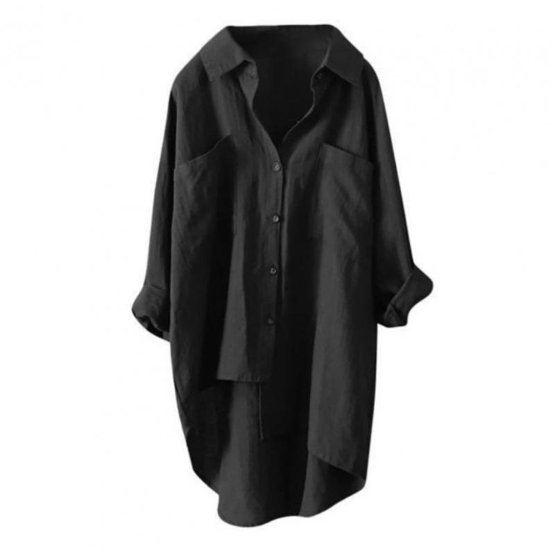 Women Oversized Long Linen Shirt Lapel Pocket Button Down Loose Casual Long Tunic Blouse
