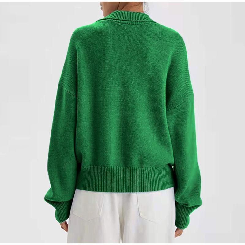 2024 Autumn/Winter Women's Green Knitted Polo Collar Pullover Sweater
