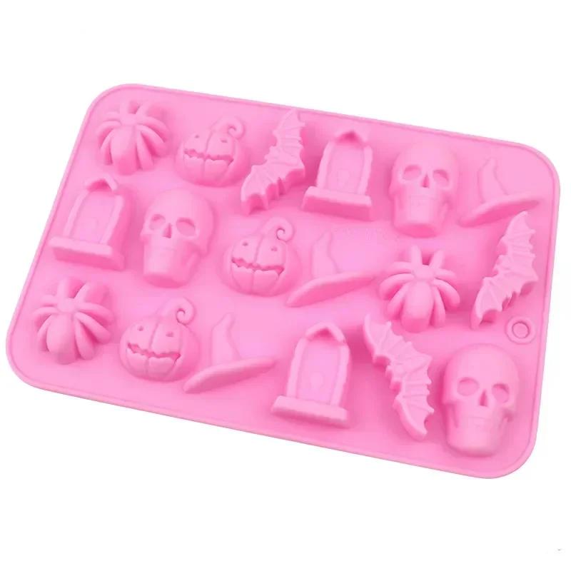 

18 Cavities Halloween Scary Silicone Mold Hat Skull Tomb Bat Pumpkin Spider Chocolate Gummy Mould Cake Decoration Baking Mold розовый