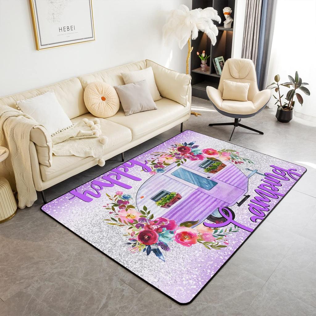 Happy Camping Living Room Rugs,Rv Car Area Rug,Vintage Farmhouse Style Non Slip Carpet, Camper Indoor Floor Mat for Travel Lover
