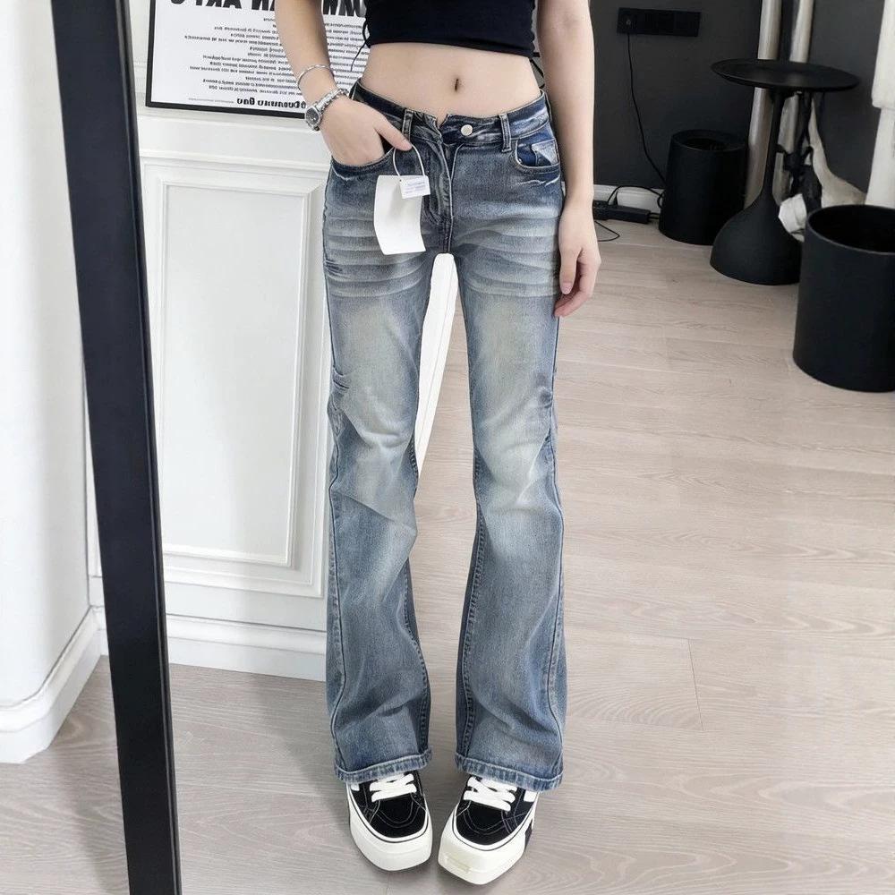 Women s Low Waisted Washed Micro Flare Jeans Slim Fit Retro Stretch Denim Pants for Summer XS синий