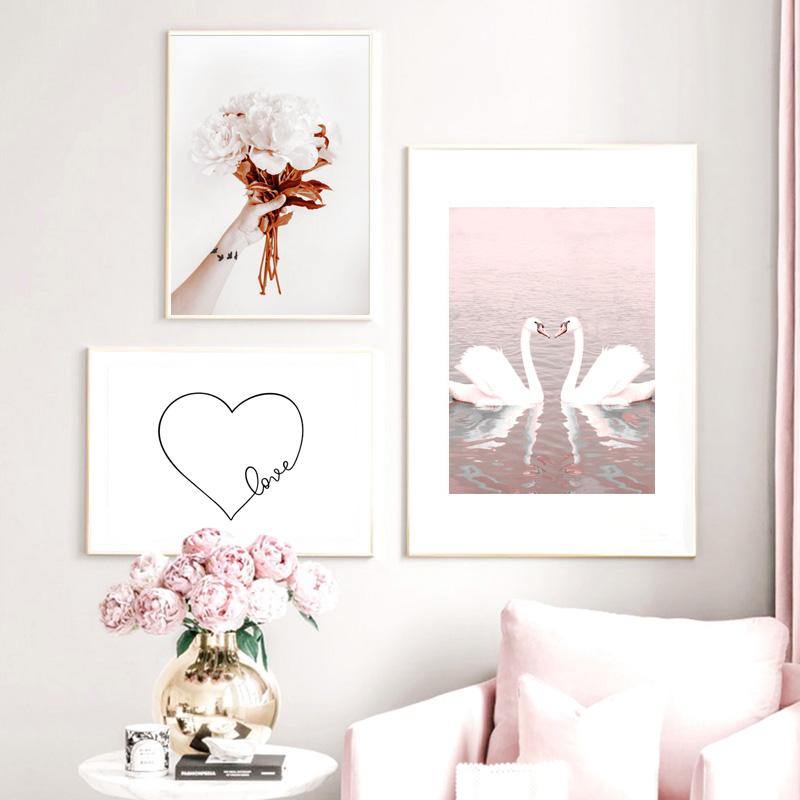 Pink Sweet Flowers Butterfly Love Kissing Line Abstract Canvas Painting Posters Prints Nordic Wall Art Pictures for Home Decor