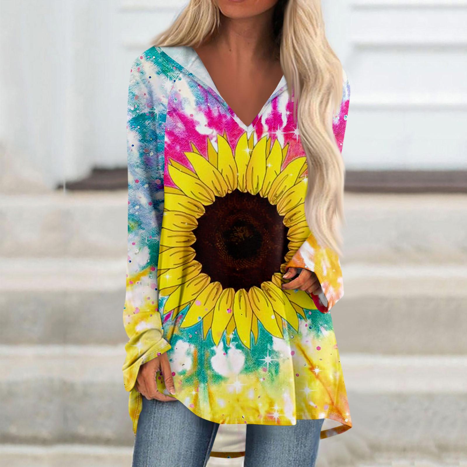 Женские свободные топы с V-образным вырезом и капюшоном с длинными рукавами — фото 11