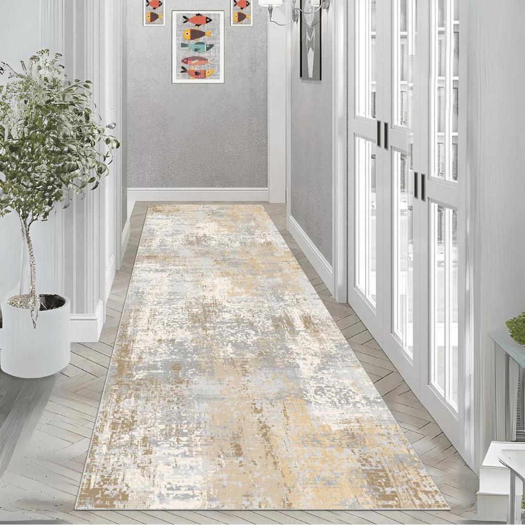 Gri ve Bej Tonlarında Modern Desenli Yolluk, Kaymaz Tabanlı Yıkanabilir Mutfak Halısı, Koridor Halısı