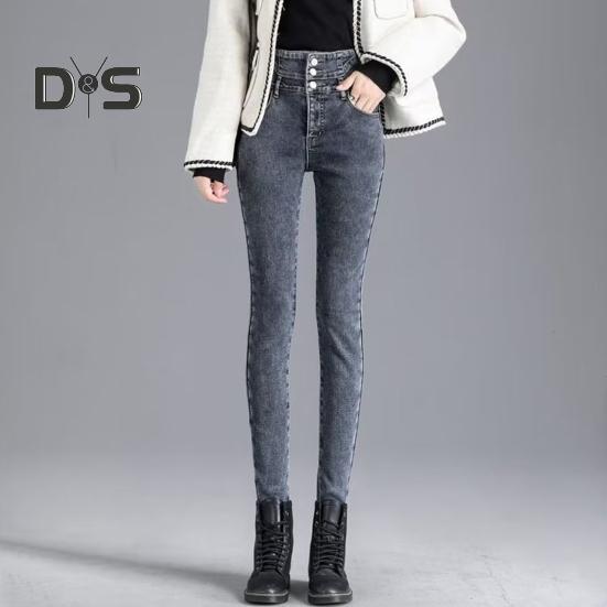 Women Winter Jeans High Waist Faux Fur Lining Slim Fit Button Closure Soft Warm Thick Solid Color Pockets Pencil Pants Lady Autumn Trousers