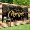 Happy New Year Backdrop Banner, Large Size 78 x 43 Inch Banner Black Gold Background Banners for New Year Party Decorations Celebration