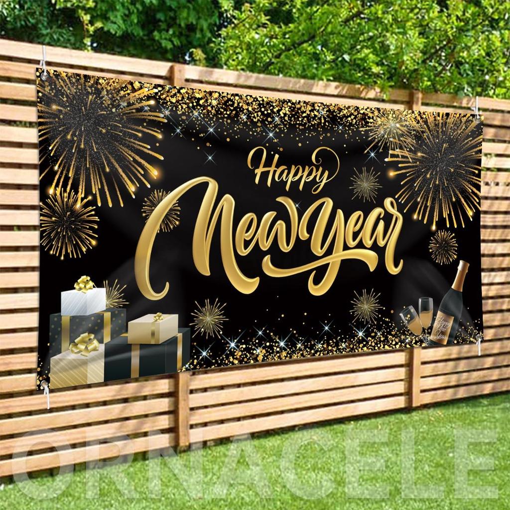 Happy New Year Backdrop Banner, Large Size 78 x 43 Inch Banner Black Gold Background Banners for New Year Party Decorations Celebration